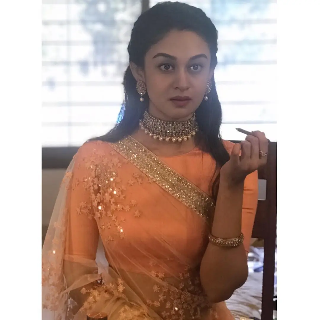 Indian Girl Aishwarya Arjun In Traditional Orange Saree Blouse